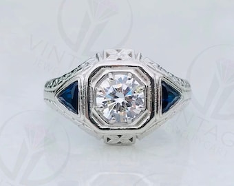 Vintage Edwardian 1.2 Cts Old European Diamond & Sapphire Engagement Ring In 935 Argentium Silver, Estate Ring, Vintage Engagement Gift Ring