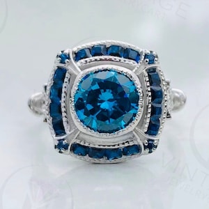 1900-20s Round Cut Diamond Vintage Ring / Sapphire Halo Diamond Ring / Art Deco 935 Argentium Silver Ring / Sapphire Antique Victorian Ring