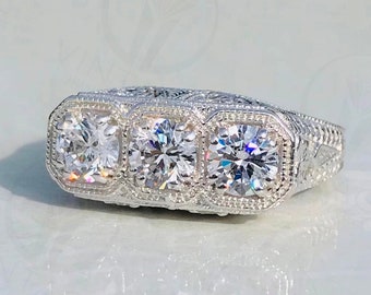 1880-90s Antique Art Deco Engagement Ring / 2 Cts Diamond Vintage Engagement Ring / Three-Stone 935 Argentium Silver Ring / Edwardian Ring