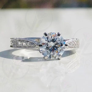 Vintage Antique Moissanite 1.30 Carat White Round Cut Diamond Ring, Art Deco Edwardian Wedding White Gold Ring, 935 Argentium Silver Ring