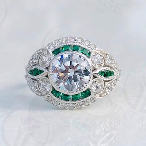 Moissanite Ring, Art Deco Ring, Vintage Antique Ring, 1.80 CT White Round Cut Diamond Ring, Green Baguette Ring, 935 Argentium Silver Ring