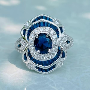Edwardian Circa 1910-20 Art Deco Ring / 1 Ct Sapphire Antique Wedding Ring / Gemstone Ring / Vintage Engagement Ring / Sapphire Diamond Ring