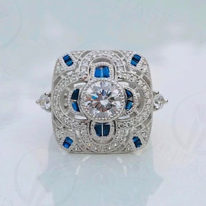 Estate Art Deco Vintage 1.20 CT Old European Diamond & Emerald Antique Engagement Ring in 935 Argentium Silver, Target Halo Edwardian Ring