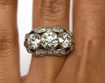 1880-90s Antique Art Deco Engagement Ring / 3 Cts Diamond Vintage Engagement Ring / Three-Stone 935 Argentium Silver Ring / Edwardian Ring