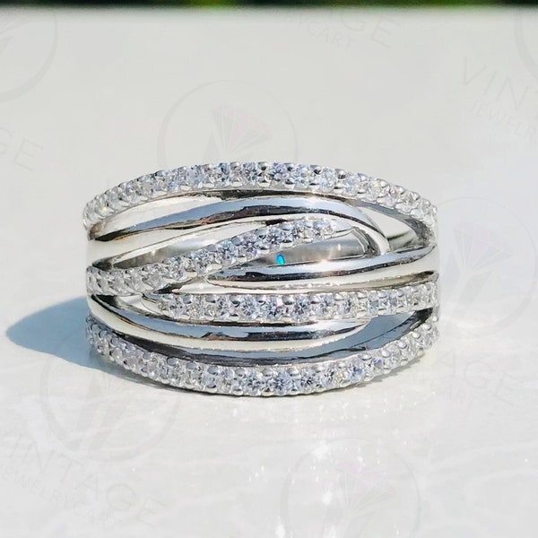 Modern wedding rings happy newlyweds: Engagement rings with multiple 925 Sterling Silver bands, Multi row wide diamond Solid White Gold Ring