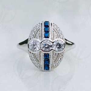 Retro Art Deco Mid-Century Ring, 3 Stone Diamond Vintage Wedding Ring, Edwardian Jewelry, Antique Engagement Ring In 935 Argentium Silver