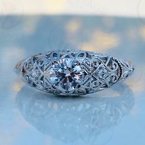 Vintage Edwardian Ring, 1/2 White Round Cut Diamond Women&#39;s Antique Ring, Moissanite White Gold Ring, Art Deco Engagement 935 Silver Ring