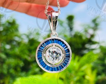 Vintage Style Pendant, Art Deco Pendant, 8 MM White Round Cut CZ Diamond Wedding Pendent, 14K Gold Pendant, 925 Sterling Silver Necklace