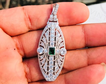 Vintage Style Pendant, Art Deco Pendant, Green 1 CT Baguette Cut CZ Diamond Wedding Pendent, 925 Sterling Silver Without Chain Only Pendant
