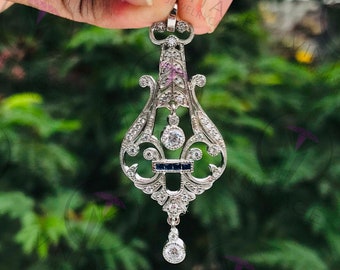 Vintage Style Pendant, Art Deco Pendant, Blue Baguette With Round CZ Diamond Wedding Pendent, 925 Sterling Silver Without Chain Only Pendant