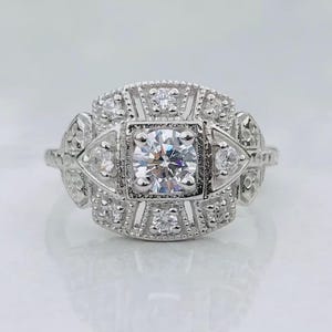 Vintage Ring With  5/8 CT Flawless Round Cut Diamond Wedding Princess 14K White Gold Halo Retro Art Deco Antique 935 Argentium Silver Ring