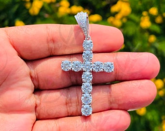 11 CTTW White Round Cut Moissanite Cross Unisex Pendant, Tennis Cross Pendants, Dainty CZ Diamond Cross Pendant,935 Argentium Silver Pendant