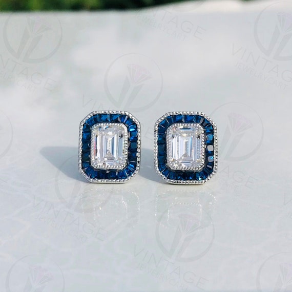 【VINTAGE HOLLYWOOD】Silver Bezel Emerald Cut Earrings Sterling Silver Emerald Cut Bezel Set Stud Earrings