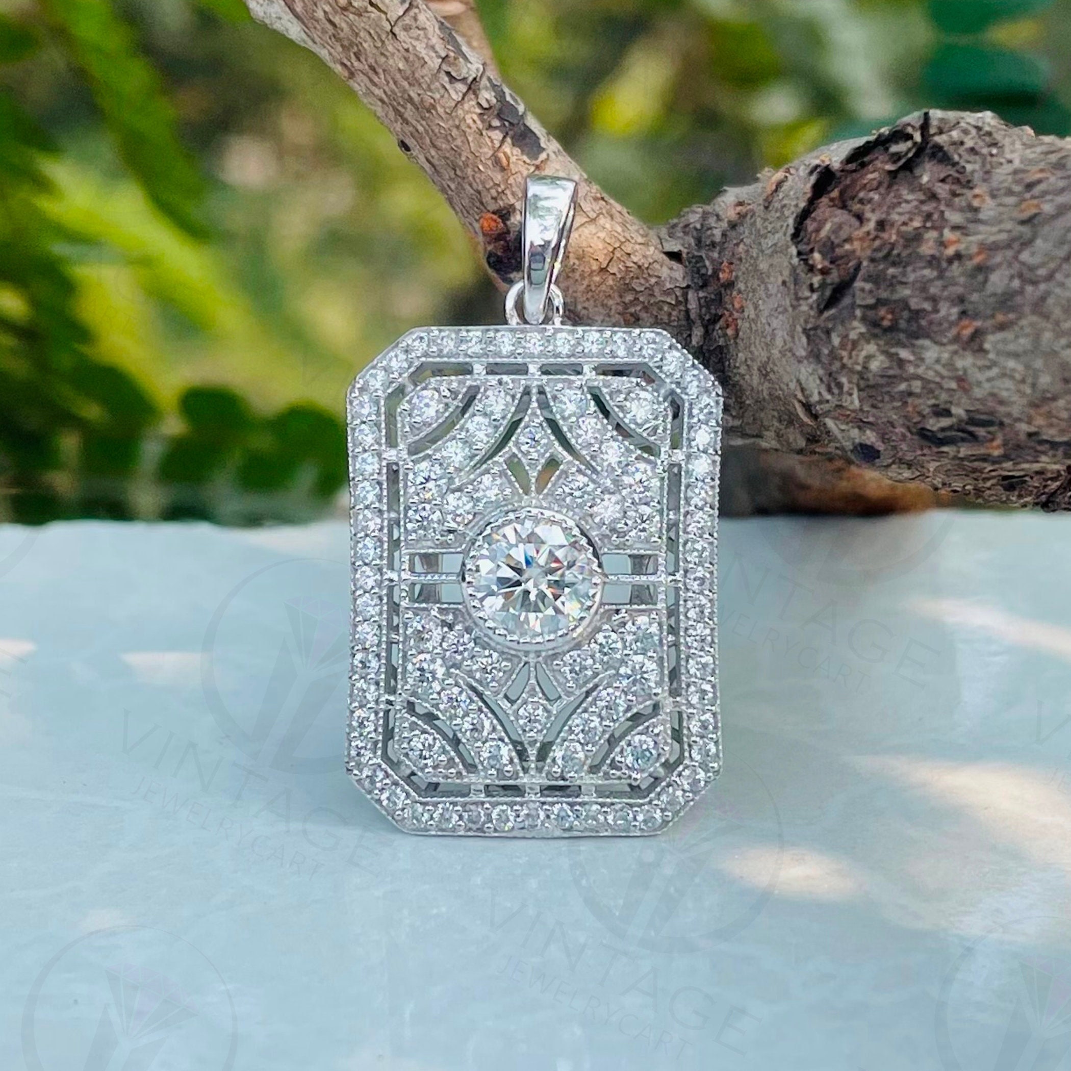 Antique Art Deco 1920s-30s Filigree Marcasite Vintage 935 Argentium Silver 3 Ctw White Round Diamond Pendant / Best Vintage Art Deco Jewelry