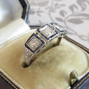 Circa 1900-10s Vintage Edwardian 3.10 Carat Round Diamond With Sapphire Halo Antique Engagement Ring In 935 Argentium Silver / Art Deco Ring