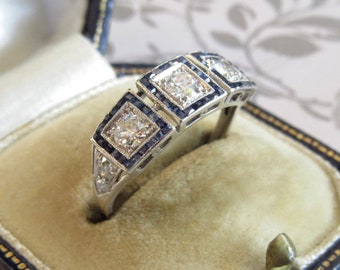 Circa 1900-10s Vintage Edwardian 3.10 Carat Round Diamond With Sapphire Halo Antique Engagement Ring In 935 Argentium Silver / Art Deco Ring