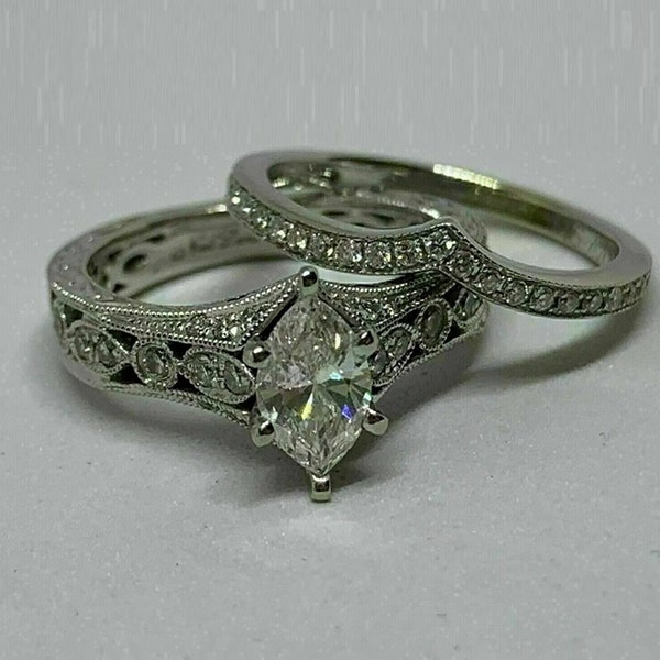 1890s Vintage 1.20 Ct Art Deco Old European Wedding Engagement Ring Set In 935 Argentium Silver Marquise Diamond Ring Set Antique Bridal Set