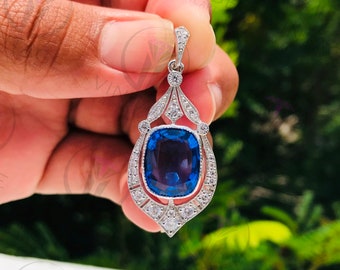 Vintage Style Pendant,Art Deco Pendant, Huge Blue Sapphire Cushion Cut CZ Diamond Wedding Pendent, 925 Sterling Silver Without Chain Pendant