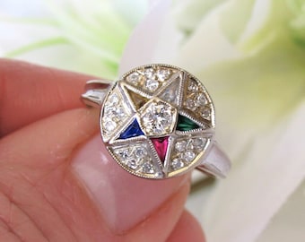Unique Vintage Eastern Star Antique Ring, 1.5 CT Multi Colors Gemstone With Cz Diamond 935 Argentium Silver Ring, Women's Anniversary Gifts