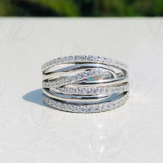 Modern Wedding Rings Happy Newlyweds Engagement Rings With Multiple 925 Sterling Silver Bands Multi Row Wide Diamond Solid White Gold Ring Etsy