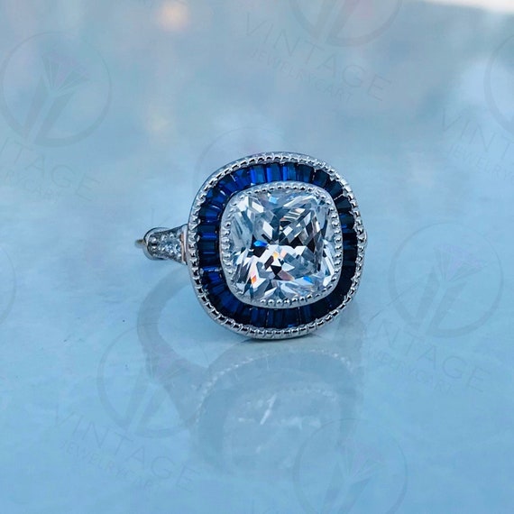 Vintage Art Deco Ring 4.2 CT White Cushion Bezel Set Lab Etsy