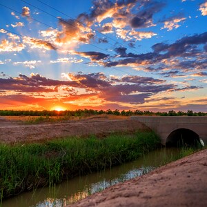 Sunset on the irrigation ditch metallic photography print - Southern New Mexico - Agriculture