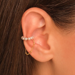 Pearl Ear Cuff Chain Earring • No Piercing Needed • Dainty Thin Beaded Chain Ear Cuff Earring • 18K Gold Vermeil or Sterling Silver