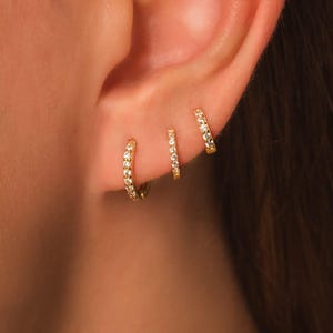 Pave CZ Huggie Hoop Earrings: 18K Gold Sterling Silver Cartilage Hoops