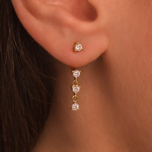 Dangling Front Back Earrings • Adjustable 3 CZ Diamonds Ear Jacket in 18K Gold Sterling Silver by Kateryna's Jewelry • Minimalist Drop Studs