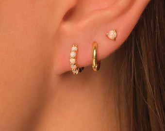 Opal Earring Set • 18K Gold Plated Sterling Silver Huggies and Studs