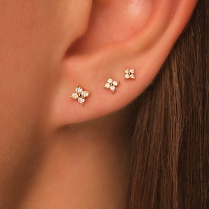 Tiny CZ Flower Stud Earrings • 4-leaf Clover Earrings in 18K Gold Sterling Silver • Different Sizes Available - 3mm, 4mm, 5mm • Sold in Pair
