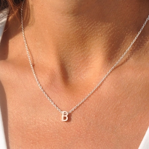 May include: A delicate silver necklace with a small, capital letter "B" pendant. The pendant hangs from a fine chain. The necklace is shown against a white top.