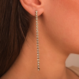 18K Gold Tennis Chain Earrings • CZ Diamonds Long Stud Earrings in Stainless Steel by Kateryna&#39;s Jewelry • Dangle Tennis Chain Studs