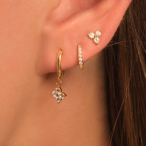 Clover Flower Earrings Set • Huggie Hoops and Studs Earring Gift Set in 18K Gold Plated Sterling Silver