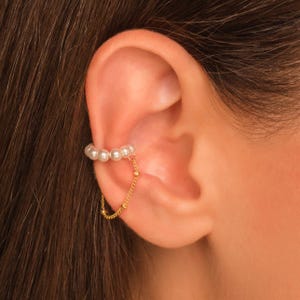 Pearl Ear Cuff Beaded Chain Earring • No Piercing • • 18K Gold Vermeil or Sterling Silver