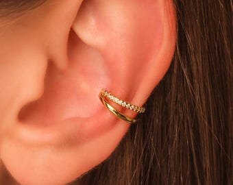 Dainty Double Pave Ear Cuff • No Piercing Needed • 18K Gold Plated Sterling Silver