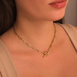 Toggle Paperclip Stainless Steel Chain Necklace • T Bar Link Chain in Gold, Silver • Tarnish Resistant