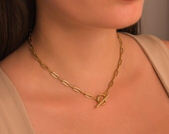 Toggle Paperclip Stainless Steel Chain Necklace • T Bar Link Chain in Gold, Silver • Tarnish Resistant