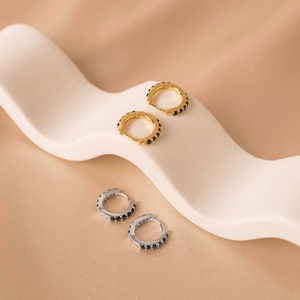 Black Onyx Huggie Hoops • Small Black Zircon Hoop Earrings in Sterling Silver or 18K Gold by Kateryna's Jewelry • Minimalist Everyday Hoops