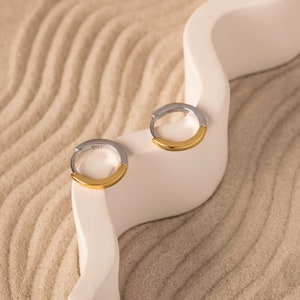 Mixed Metal Earring • Silver Gold 2 Tone Hoops in Sterling Silver by Kateryna's Jewelry • Minimalist Huggie Hoops