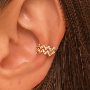 Gold Pave Wave Ear Cuff • No Piercing, Sterling Silver, Gold Vermeil