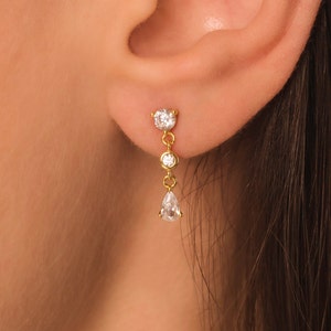 Dangle Diamond Earrings • Round and Drop Studs with CZ Diamonds in 18K Gold Sterling Silver • Minimalist Wedding Earrings