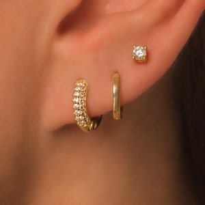 Pave CZ Diamonds Earring Gift Set • Huggie Hoop and Stud Earrings Set in 18K Gold Plated Sterling Silver