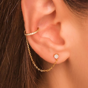 Ear Cuff Chain Earring with Stud • No Piercing Needed • Dainty Pave Thin Ear Cuff and CZ Stud Earring • 18K Gold Vermeil Sterling Silver