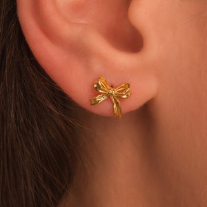 Bow Earrings • Trendy Bowknot Stud Earrings in 18K Gold Sterling Silver by Kateryna's Jewelry • Cartilage Ribbon Studs