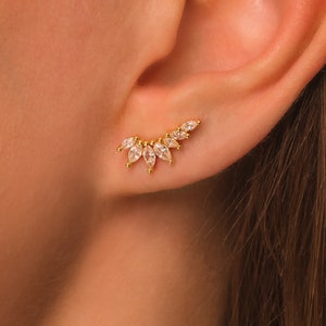 Marquise Climber Earrings • Ear Crawler with Floral CZ Diamonds in 18K Gold Sterling Silver by Kateryna's Jewelry • Minimalist Ear Climbers