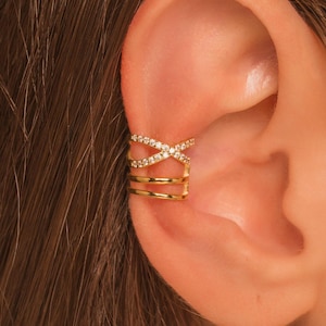 Pave CZ 4 Band Conch Ear Cuff Earring • No Piercing Needed • 18K Gold Plated Sterling Silver