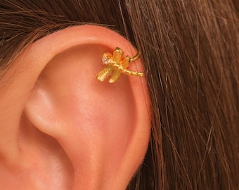 Dragonfly Ear Cuff • 18K Gold Plated Sterling Silver, No Piercing