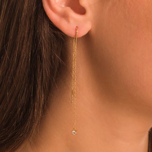 Diamond Threader Earrings • Elegant Long Chain Earrings in 18K Gold Sterling Silver by Kateryna&#39;s Jewelry • Minimalist Threader Earrings