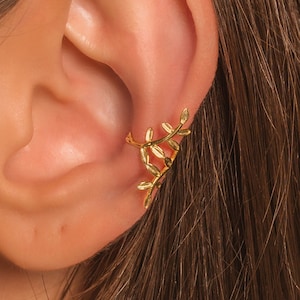 Leaves Conch Ear Cuff Earring • No Piercing Needed • Conch Olive Branch Hoop • 18K Gold Plated Sterling Silver • Fake Helix Piercing